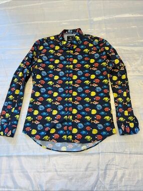 Men's Printed Long-Sleeve Button-Down Shirt in Navy with Colorful Fish Motif